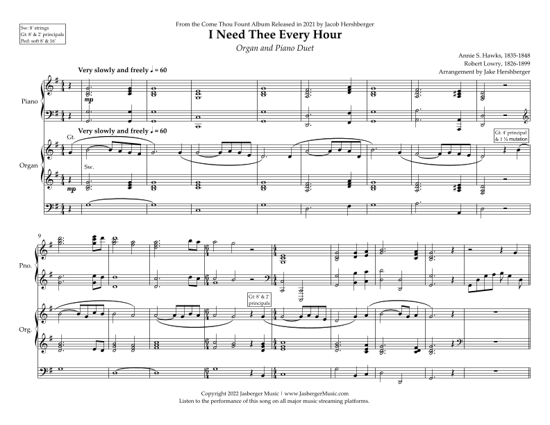 I Need Thee Every Hour Arranged for Piano and Organ Duet - Jasberger Music