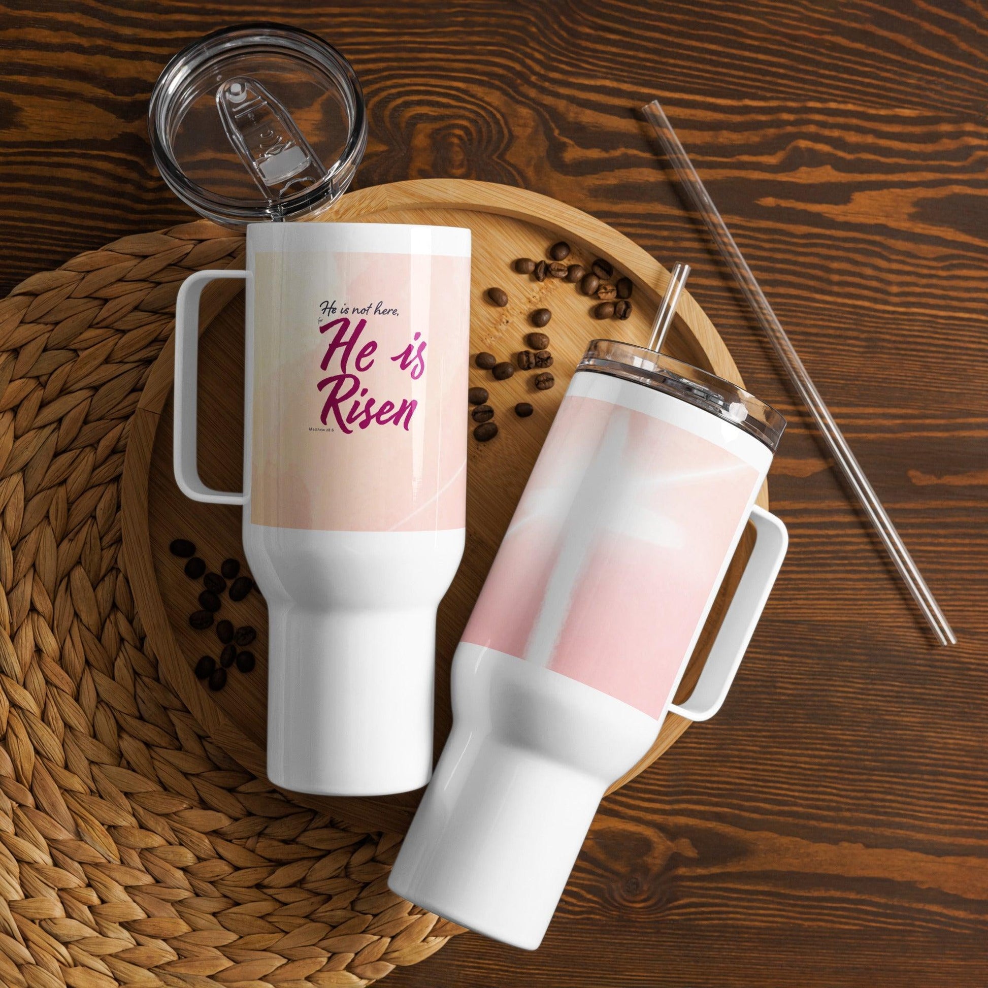 Inspirational "He is Risen" Travel Mug | Christian Faith Gift | Jesus Christ Bible Quote Mug | Double-Walled Insulated Cup - Jasberger Music